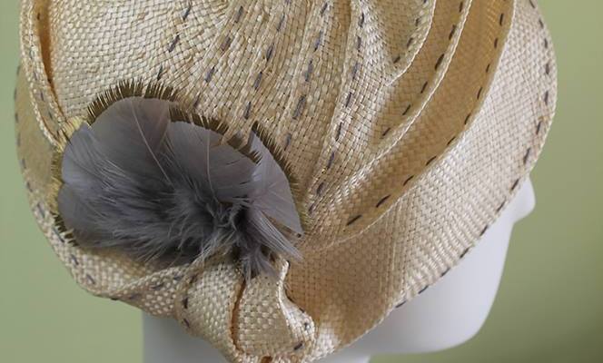 Natural Straw Hat with Gray Top-stitching & Feathers